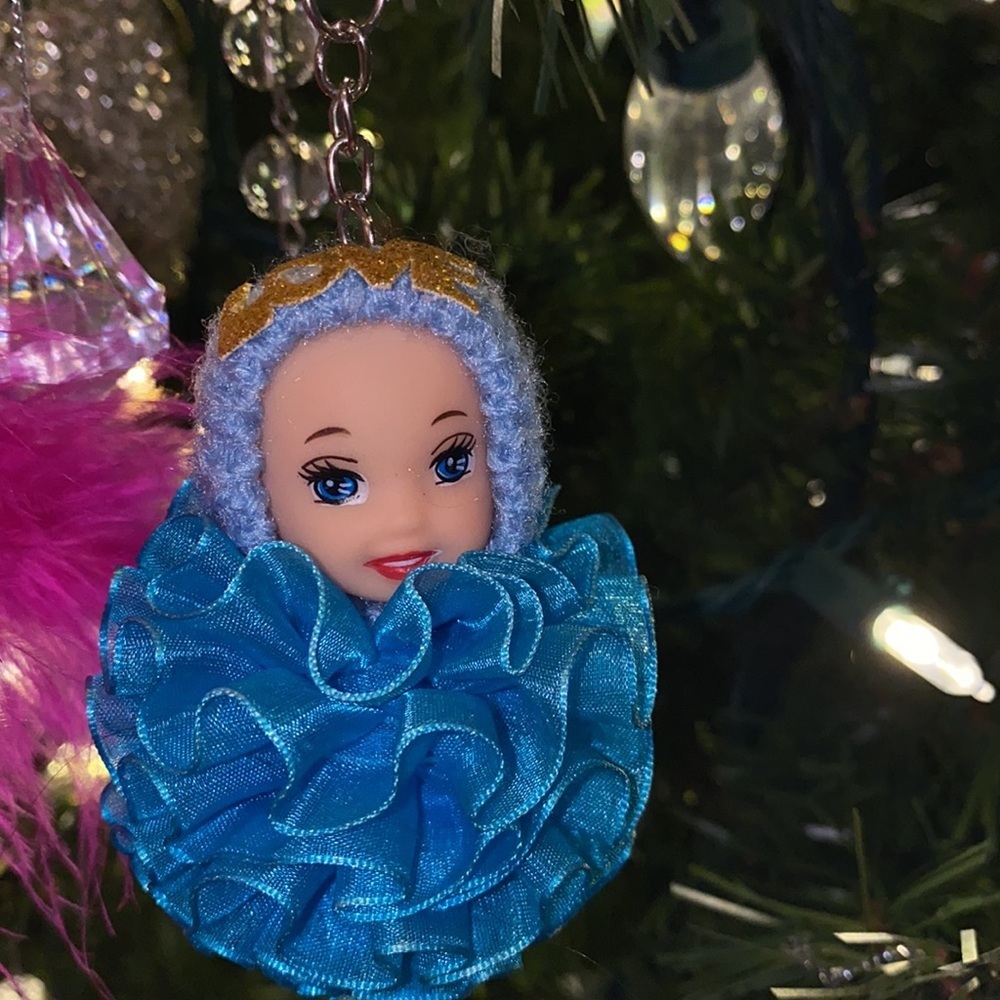 2 baby doll Christmas tree ornaments or keychains pink feather blue ribbon ball‌ - Picture 7 of 16